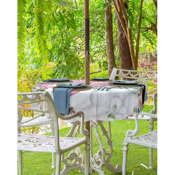 Pink Christmas Outdoor Tablecloth - 52x70 Inch Rectangle Dining Table Cover, Snowman Snowflake Xmas Tree Elk Waterproof Outdoor Table Cloth with Umbrella Hole & Zipper for Picnic/Patio