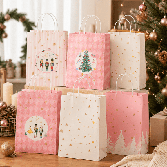 Pink Christmas Party Favors Gift Goodie Bags with Handles Paper Nutcracker Merry Christmas Tree Candy Treat Bags for Xmas Gifts Wrapping Party Supplies