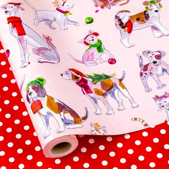 Pink Christmas Pets Wrapping Paper Bundle, Dog and Cat Christmas Gift Wrap, Funky Pet Puppy Kittens with Polka Dot Design for Holiday Celebration, Kid Birthday (Mini Roll, 17 Inch X 33 Feet)