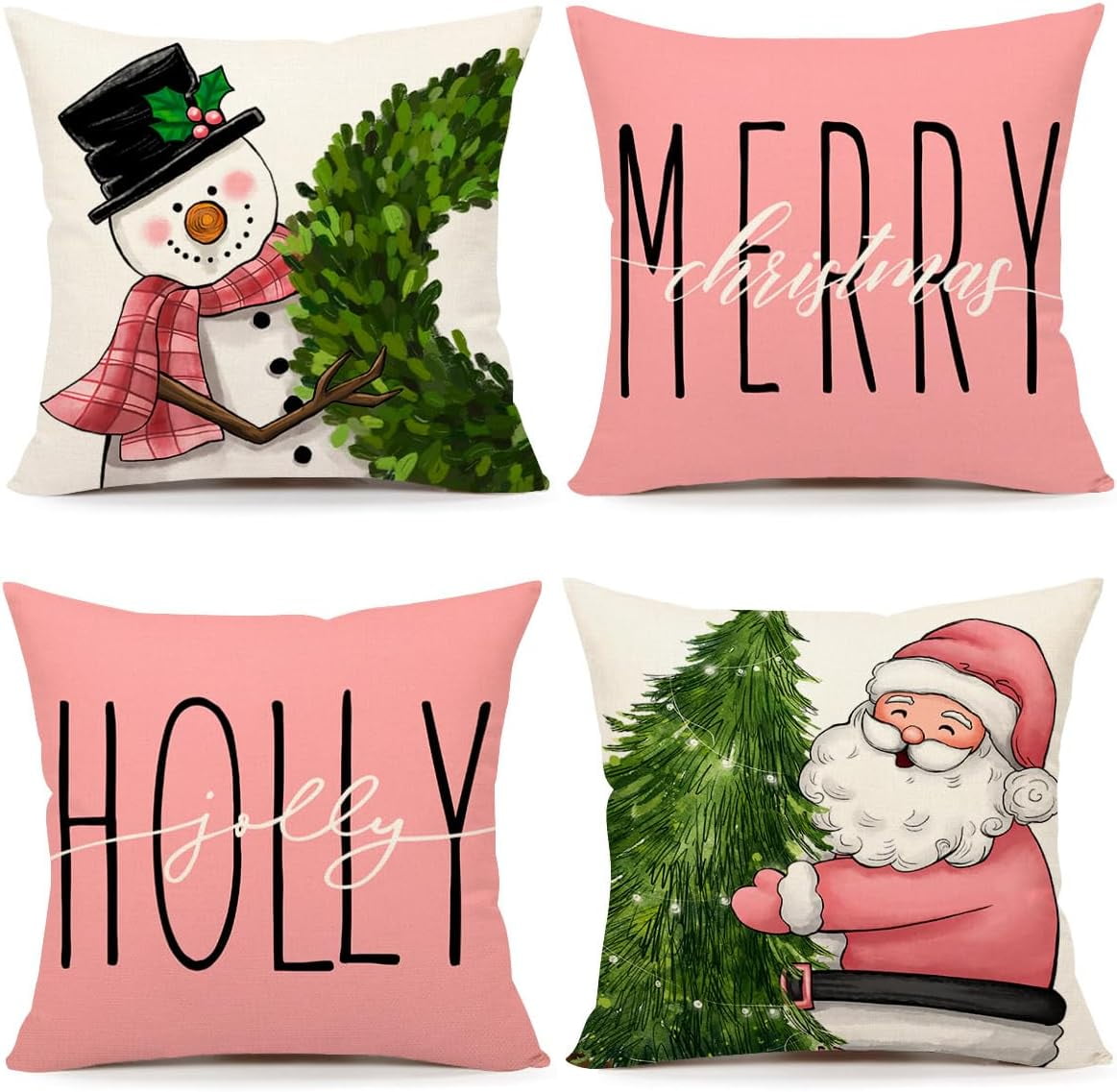 Pink Christmas Pillow Covers 18x18 Set of 4 Farmhouse Xmas Decorations ...