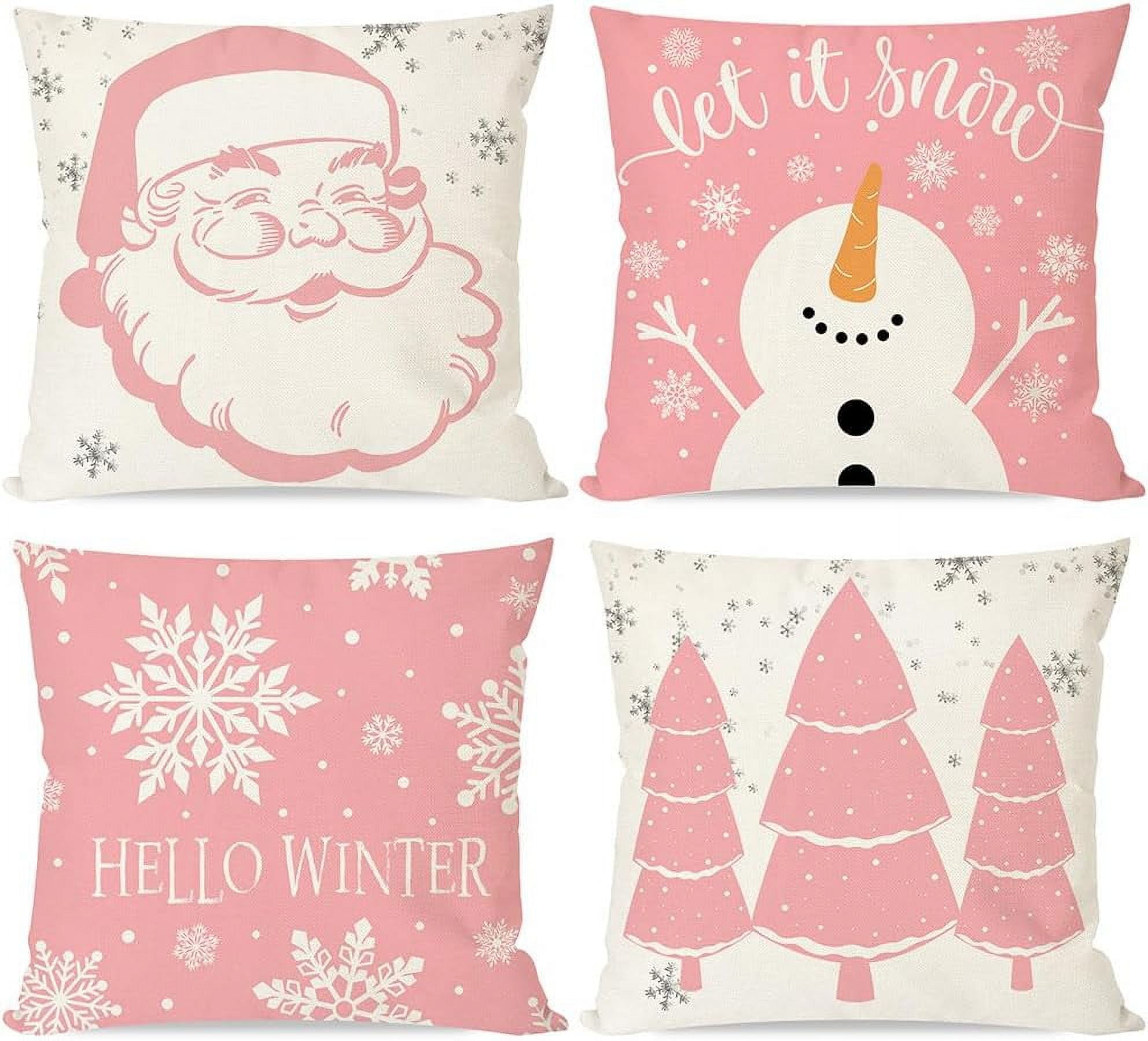 Pink Christmas Pillow Covers 18x18 Set of 4 Santa Claus Christmas Tree ...