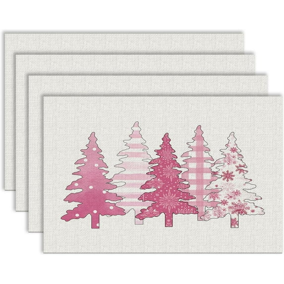 Pink Christmas Placemats, Pink Preppy Christmas Tree Placemats, Christmas Xmas Table Mats Washable Placemat for Kitchen Dining Room Winter Holiday Party Decoration 12x18 Inch