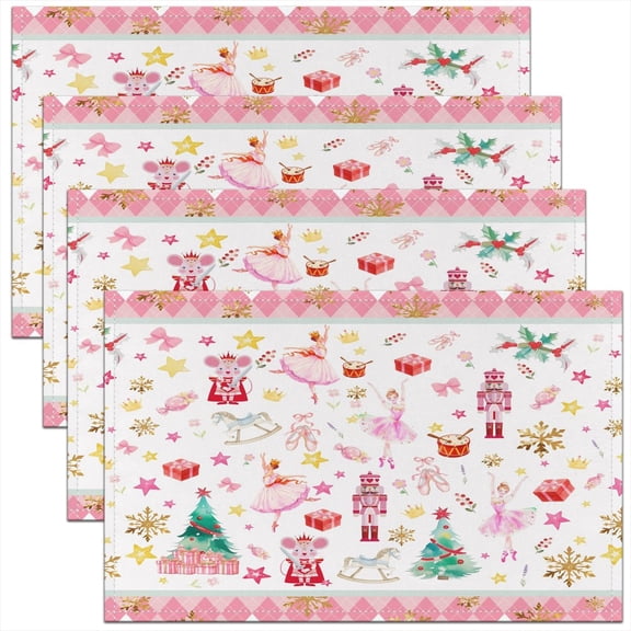 Pink Christmas Placemats Set of 4 Ballet Nutcracker Table Mats for Party Kitchen Dining Decoration Holiday Seasonal Snowflake Place Mat for Dinner Table Indoor Outdoor 18"x12" Non-Slip Decor