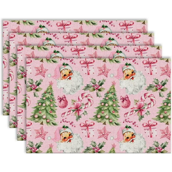 Pink Christmas Placemats, Vintage Santa Christmas Tree Xmas Table Mats Washable Placemat for Kitchen Dining Room Winter Holiday Party Decoration 12x18 Inch