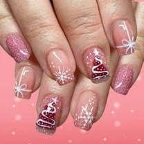 Pink Christmas Press on Nails Medium Square Fake Nails Xmas Nails Press ons with Snowflake,Ribbon,Tree Design Full Cover Stick on Nails for Women Manicure,Reusable | Artificial | Easy Apply | 24Pcs