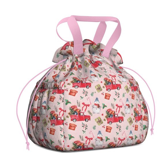 Pink Christmas Red Truck and Snowman Pattern Drawstring Lunch Bag Women - Drawstring Lunch Bag Insulated for Work Office - Stain-Resistant Large Lunchbags for Women with Multi-Pockets