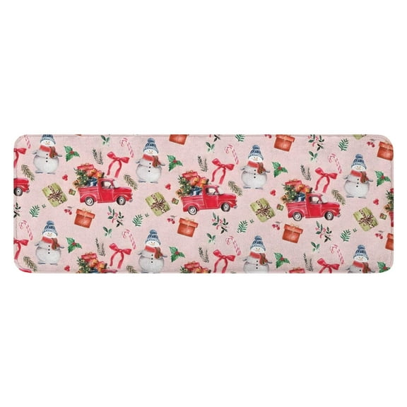 Pink Christmas Red Truck and Snowman Pattern Kitchen Rug Mat,Kitchen Runner Rugs Non Skid Washable,Decorative Kitchen Floor Mats for Kitchen,Sink,Laundry,17"x47.2"
