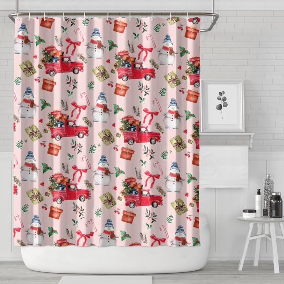 Pink Christmas Red Truck and Snowman Pattern Shower Curtain 84"x72" ,Bathroom Decorative Shower Curtains Set with 12 Hooks,Modern Waterproof Washable Shower Curtain