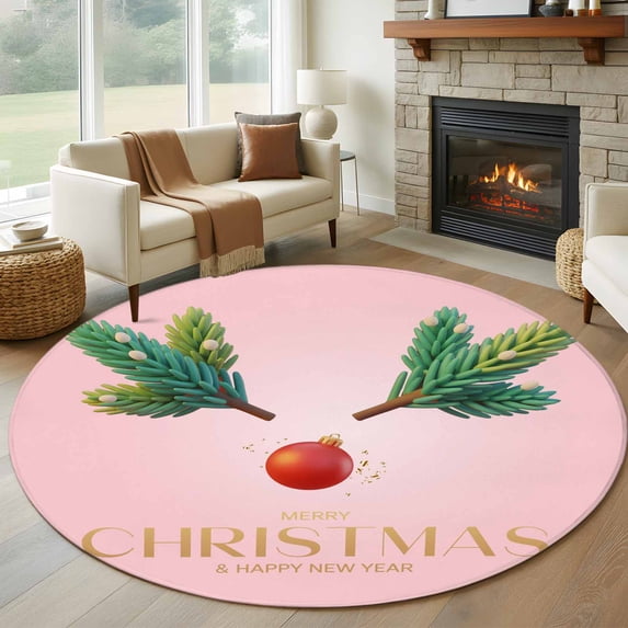 Pink Christmas Round Area Rug 6Ft Washable Circle Rugs for Bathroom Office, Xmas Tree Ball Winter Modern Art Non-Slip Carpet Floor Mats Indoor Outdoor Carpet Runner Aesthetic Home Decor