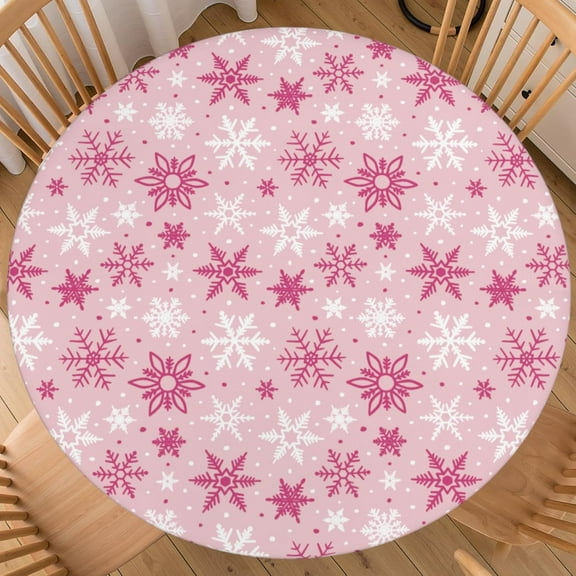 Pink Christmas Round Fitted Tablecloth with Elastic for 36-40 Inch Tables Winter Holiday Theme Print Snowflake Fitted Table Cover Waterproof Farmhouse Indoor Outdoor Patio Picnic Party