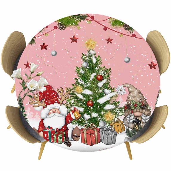 Pink Christmas Round Tablecloth, Fitted Table Cover with Elastic for 45"-54" Round Tables, Gnomes Xmas Tree Snowflake Winter Gifts Table Cloth Outdoor Indoor Dinning Party Waterproof Tablecloths