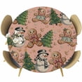 thumbnail image 1 of Pink Christmas Round Tablecloth, Fitted Table Cover with Elastic for 45"-54" Round Tables, Xmas Tree Gingerbread Snowman Winter Table Cloth Outdoor Indoor Dinning Party Waterproof Tablecloths, 1 of 7