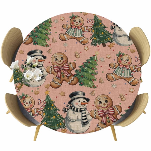 Pink Christmas Round Tablecloth, Fitted Table Cover with Elastic for 45"-54" Round Tables, Xmas Tree Gingerbread Snowman Winter Table Cloth Outdoor Indoor Dinning Party Waterproof Tablecloths