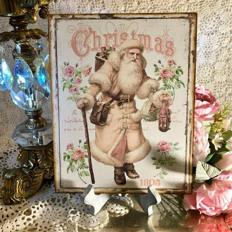 Pink Christmas Santa Claus Shabby Chic Vintage Metal Tin Sign