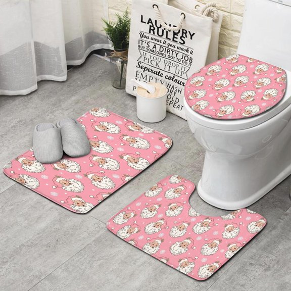Pink Christmas Santa Pattern Bathroom Rugs Sets 3 Piece,Toilet Cover Set,Absorbent Non Slip Bathroom Mats Sets with U-Shaped Contour Rug Toilet Rug Set