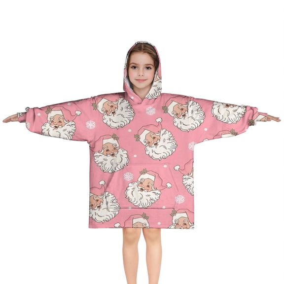 Pink Christmas Santa Pattern Blanket Hoodies for Kids 6-13YR Oversize Wearable Blanket Hoodies for Boys Girls Teens