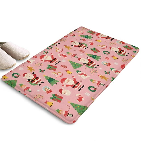 Pink Christmas Santa Pattern Flannel Non Slip Door Rugs,Washable Door Mats Indoor,Decorative Door Mats,Dirt-Resistant and Absorbent Doormat for Entrance,Bedroom,Kitchen,Bathroom,23.5x16in(60x40cm)