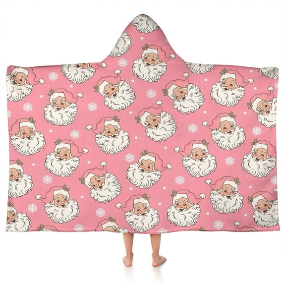 Pink Christmas Santa Pattern Hooded Bath Towel,50"x30" for Ages 3 To 12 Kids, Quick Dry Lightweight Soft Microfiber Hood Beach Towel Cover Up for Kids