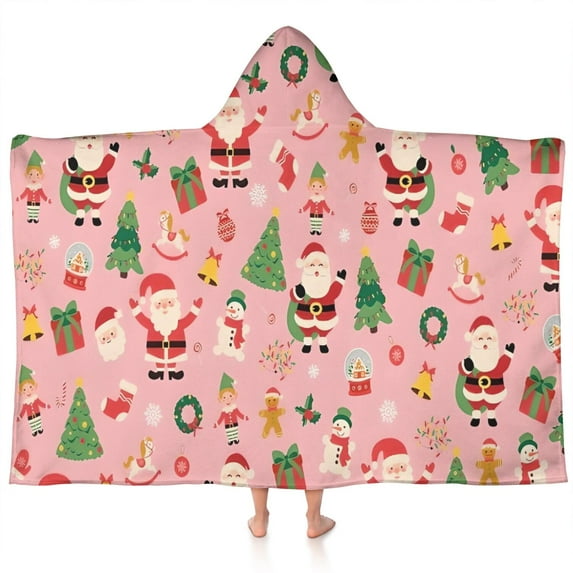 Pink Christmas Santa Pattern Hooded Bath Towel,60"x35" for Ages 3 To 12 Kids, Quick Dry Lightweight Soft Microfiber Hood Beach Towel Cover Up for Kids