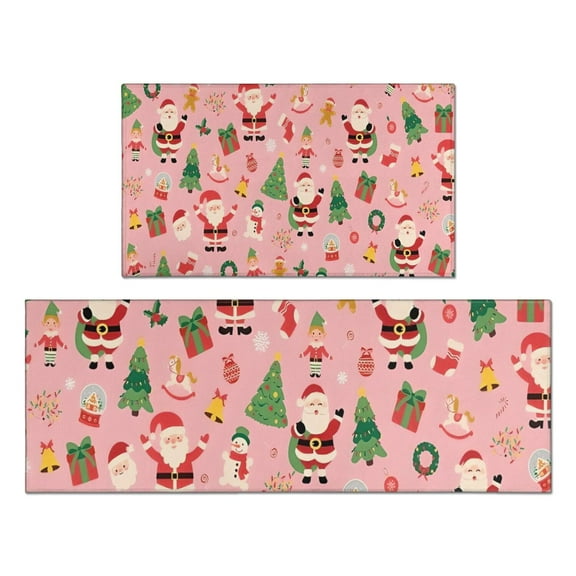 Pink Christmas Santa Pattern Kitchen Rugs Sets Of 2,Anti Fatigue Kitchen Mat Rugs Non Slip Washable,Decorative Kitchen Floor Mats for Kitchen,Sink,Laundry,17"x30"+17"x47"