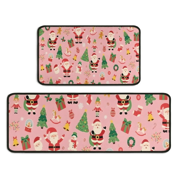 Pink Christmas Santa Pattern Kitchen Rugs Sets Of 2,Anti Fatigue Kitchen Mat Rugs Non Slip Washable,Decorative Kitchen Floor Mats for Kitchen,Sink,Laundry,17"X30"+17"X47"