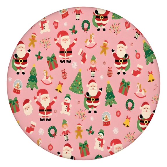 Pink Christmas Santa Pattern Round Fitted Tablecloth with Elastic Edge,Dining Table Cover Waterproof,Outdoor Round Tablecloth for Camping,Dining,Indoor and Outdoor