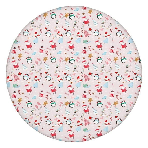 Pink Christmas Santa and Penguin Pattern Round Fitted Tablecloth with Elastic Edge,Dining Table Cover Waterproof,Outdoor Round Tablecloth for Camping,Dining,Indoor and Outdoor
