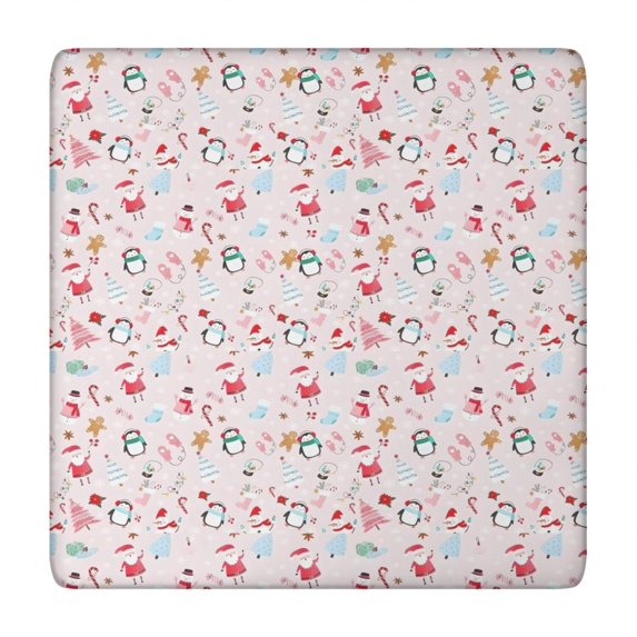 Pink Christmas Santa and Penguin Pattern Square Fitted Tablecloth with Elastic Edge,Square Table Cover,Washable Elastic Table Cover for Home Kitchen Party Decor 34"x34"