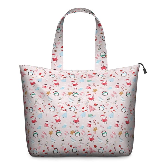 Pink Christmas Santa and Penguin Pattern Travel Tote Bags for Women Carry On,Large Weekender Bags for Women Travel,Multi Functional Duffle Bag for Work,Shopping,Sports
