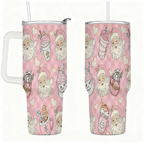 Pink Christmas Santa Print Tumbler with Lid and Straw, Cute Holiday Drink Cup