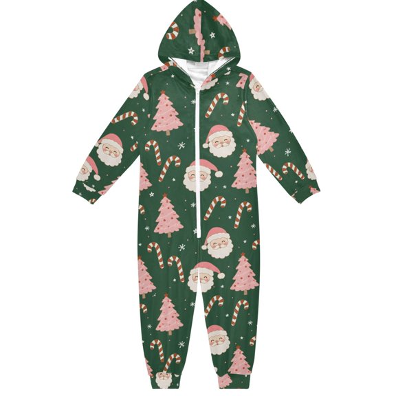 Pink Christmas Santa Tree Boys & Girls Hooded One-Piece Pajamas Warm Crystal velvet Hooded Long Sleeve Loungewear Jumpsuit Unisex