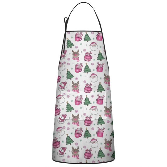 Pink Christmas Santa and Tree Pattern Apron-Garden Aprons for Women with Pockets-Cotton Linen Waterproof Kitchen Cooking Gardening Aprons Adjustable for Kitchen,Cooking,BBQ and Salon 33"x27"