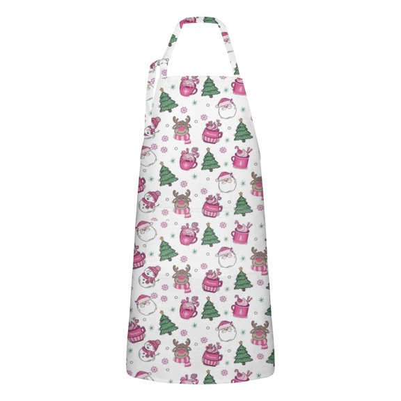 Pink Christmas Santa and Tree Apron-Garden Aprons for Women with Pockets-Cotton Linen Waterproof Kitchen Cooking Gardening Aprons Adjustable for Kitchen,Cooking,BBQ and Salon 32"x27"