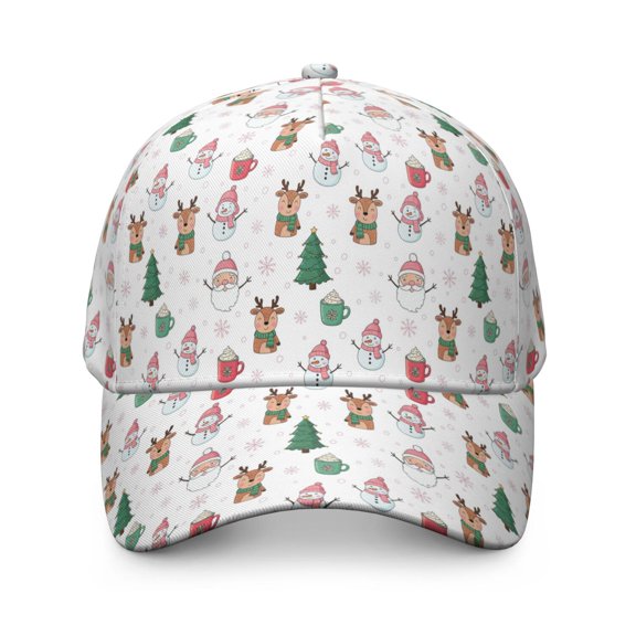Pink Christmas Santa and Tree Pattern Baseball Cap, Structured Flat Bill Hat with Snap Closure & Sweatband, Polyester Construction Gifts for Unisex Men Women