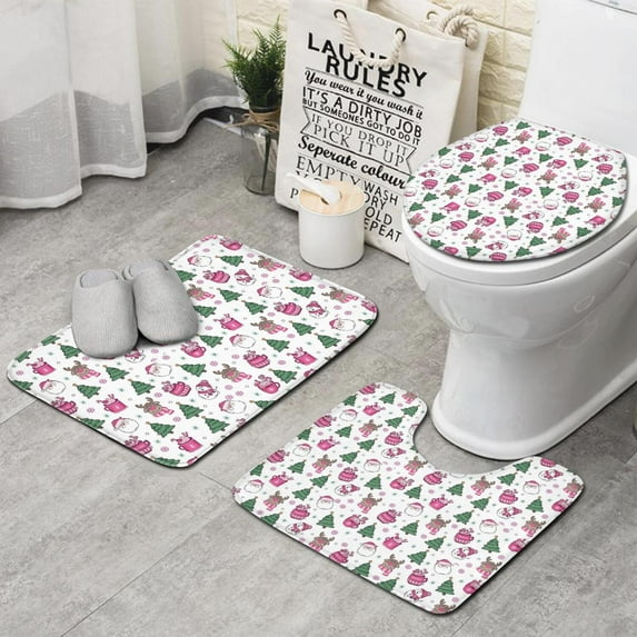 Pink Christmas Santa and Tree Pattern Bathroom Rugs Sets 3 Piece,Toilet Cover Set,Absorbent Non Slip Bathroom Mats Sets with U-Shaped Contour Rug Toilet Rug Set