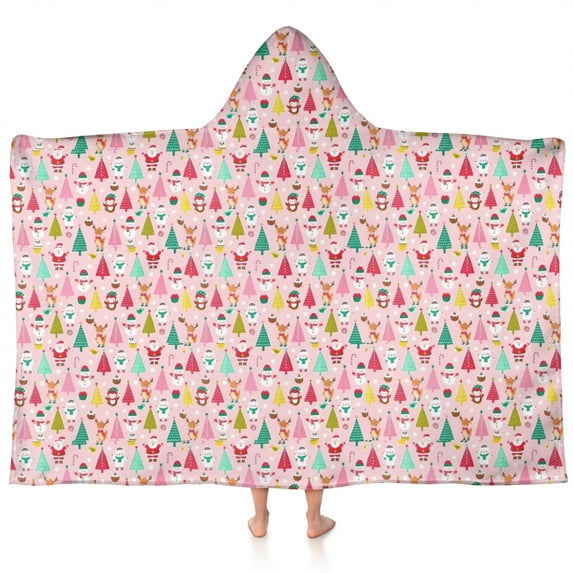 Pink Christmas Santa and Tree Pattern Hooded Bath Towel,60"x35" for Ages 3 To 12 Kids, Quick Dry Lightweight Soft Microfiber Hood Beach Towel Cover Up for Kids