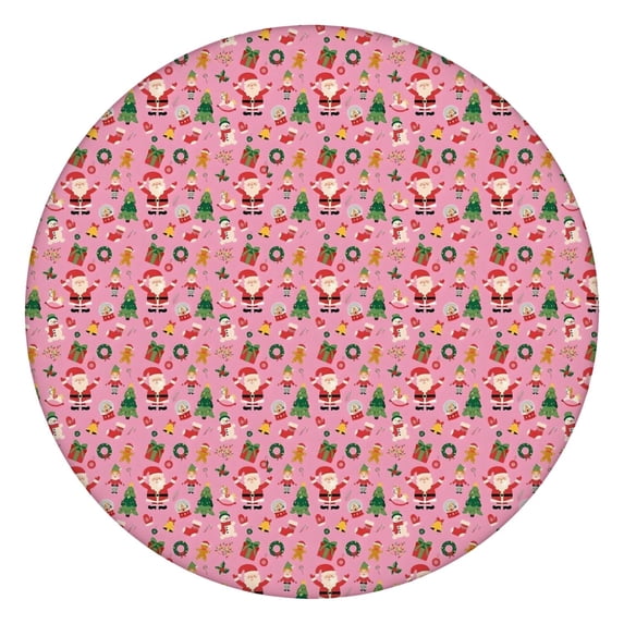Pink Christmas Santa and Tree Pattern Round Fitted Tablecloth with Elastic Edge,Dining Table Cover Waterproof,Outdoor Round Tablecloth for Camping,Dining,Indoor and Outdoor