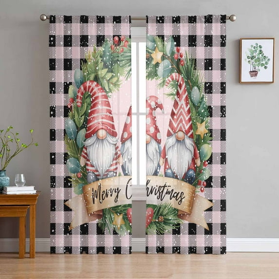 Pink Christmas Sheer Curtains 108 Inches Long, Xmas Winter Gnomes Black Buffalo Plaid Light Filtering Window Curtains for Living Room, Rod Pocket Voile Sheer Curtain Drapes, 52"Wx108"L, 2 Panels