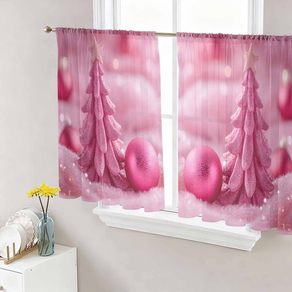 Pink Christmas Sheer Curtains 45 Inch Length 2 Panels Set, Xmas Tree Christmas Balls Snowflake Voile Window Treatment Rod Pocket Small Kitchen Curtains Drapes for Bedroom 52"x45"x2