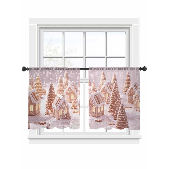 Pink Christmas Sheer Curtains 45 inches Long, Xmas Tree Ginger Bread House Snowflake Fantasy Light Filtering Sheer Window Curtains Rod Pocket Voile Drapes for Bedroom Living Room, 2 Panels 52"Wx45"L