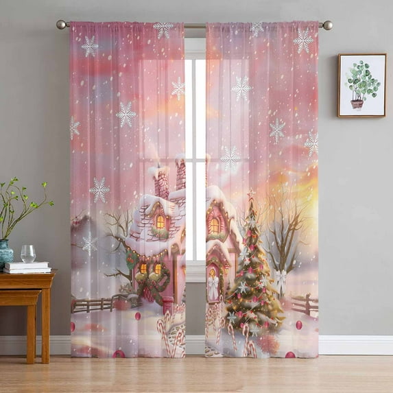 Pink Christmas Sheer Curtains 63 Inches Length 2 Panels Set, Window Sheer Curtains for Living Room/Bedroom, Snowflake Watercolor Xmas Tree Light Filtering Rod Pocket Curtain 52'' x 63'' x 2