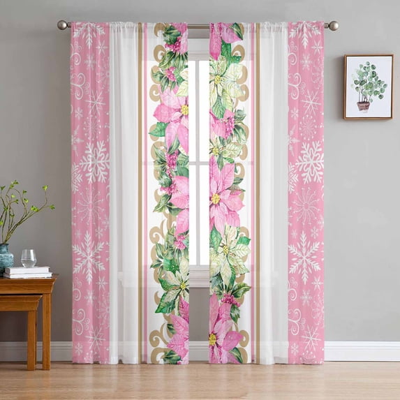 Pink Christmas Sheer Curtains 63 Inches Long, Poinsettia Botanical Snowflake Light Filtering Window Curtains for Living Room/Bedroom, Rod Pocket Voile Sheer Curtain Drapes, 52"W x 63"L, 2 Panels