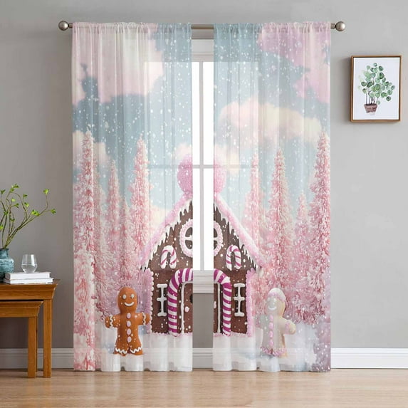 Pink Christmas Sheer Curtains 96 Inches Long, Xmas Farmhouse Tree Blue Sky Snowflake Light Filtering Window Curtains for Living Room/Bedroom, Rod Pocket Voile Sheer Drapes, 52"Wx96"L, 2 Panels