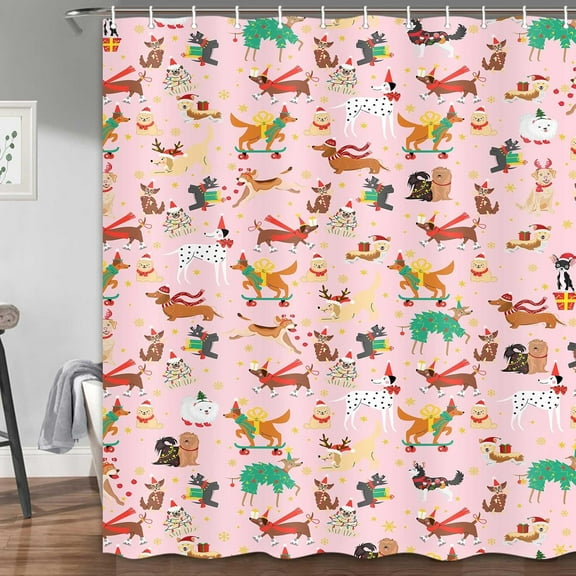 Pink Christmas Shower Curtain Funny Dogs Xmas Holiday Decorative Bathroom Curtains Set with Hooks Cute Bath Curtain for Boys Girls Bathtub Decor Waterproof Washable Fabric, 72X72in