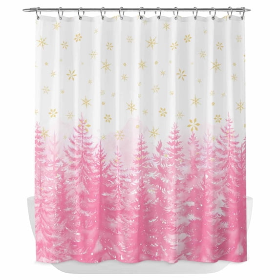 Pink Christmas Shower Curtain - Water Repellent Fabric Shower Curtains Washable, Winter Xmas Trees Snowflakes Rustic Decorative Polyester Cloth Bathroom Curtains Modern Bath Decor 72"x84"
