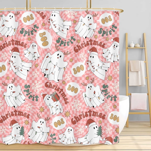 Pink Christmas Shower Curtain, Winter Cute Funny Ghost Modern 70S 80S Abstract Groovy Trippy Grid Checkered Bathroom Curtains, Retro Aesthetic Fabric Cloth Shower Curtain for Bathtub Decor, 72X72in