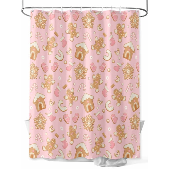 Pink Christmas Small Stall Shower Curtain, Waterproof Shower Curtains for Bathroom, Xmas Gingerbread Winter Cane Candy Snowflakes Washable Fabric Bath Curtain for Bathtub with Hooks 36x78 Inches