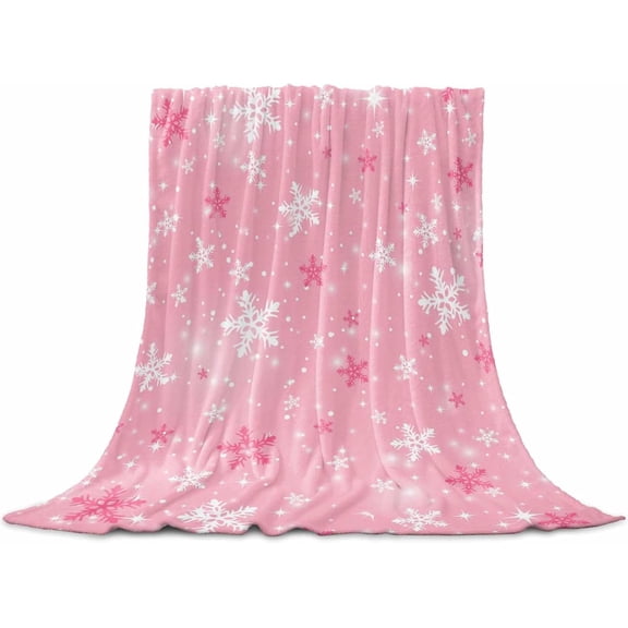 Pink Christmas Snowflake Flannel Blanket 40x50In Xmas Winter Snow Fantasy Shiny Super Soft Cozy Bed Blanket, Lightweight Plush Fuzzy Bed for Bedroom Sofa Couch Living Room