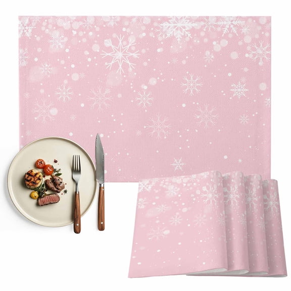 Pink Christmas Snowflake Placemats Set of 2, Winter Snowflake Xmas Washable Wipeable Table Mats for Dining Tables, Indoor Outdoor Kitchen Place Mats for Holiday Party Table Decor
