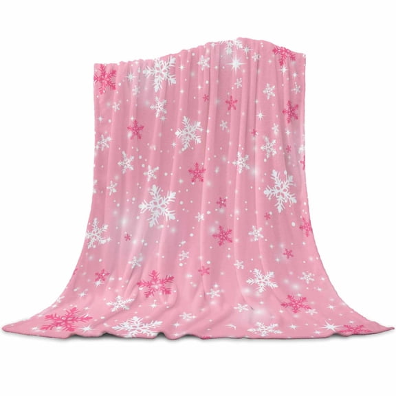 Pink Christmas Snowflakes Flannel Blanket for Bed,Travel and Camping, Winter Snowfall Shiny White Modern Super Soft Cozy Blanket for All Seasons 32" x 48"